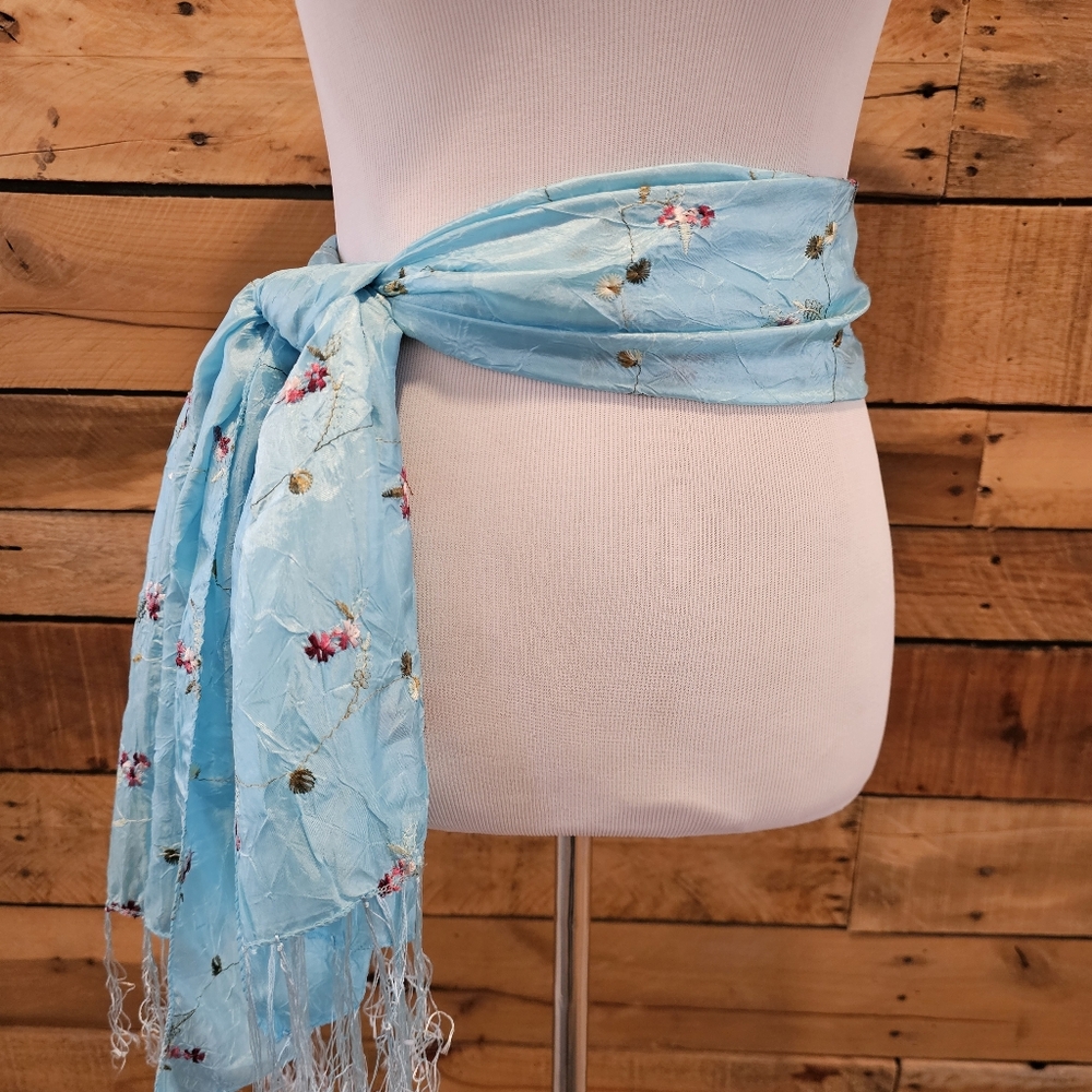 Aqua Blue Scarf/Wrap/Shawl w/ Embroidered Pink Flowers & Green Leaves 62" Long - Picture 6 of 13